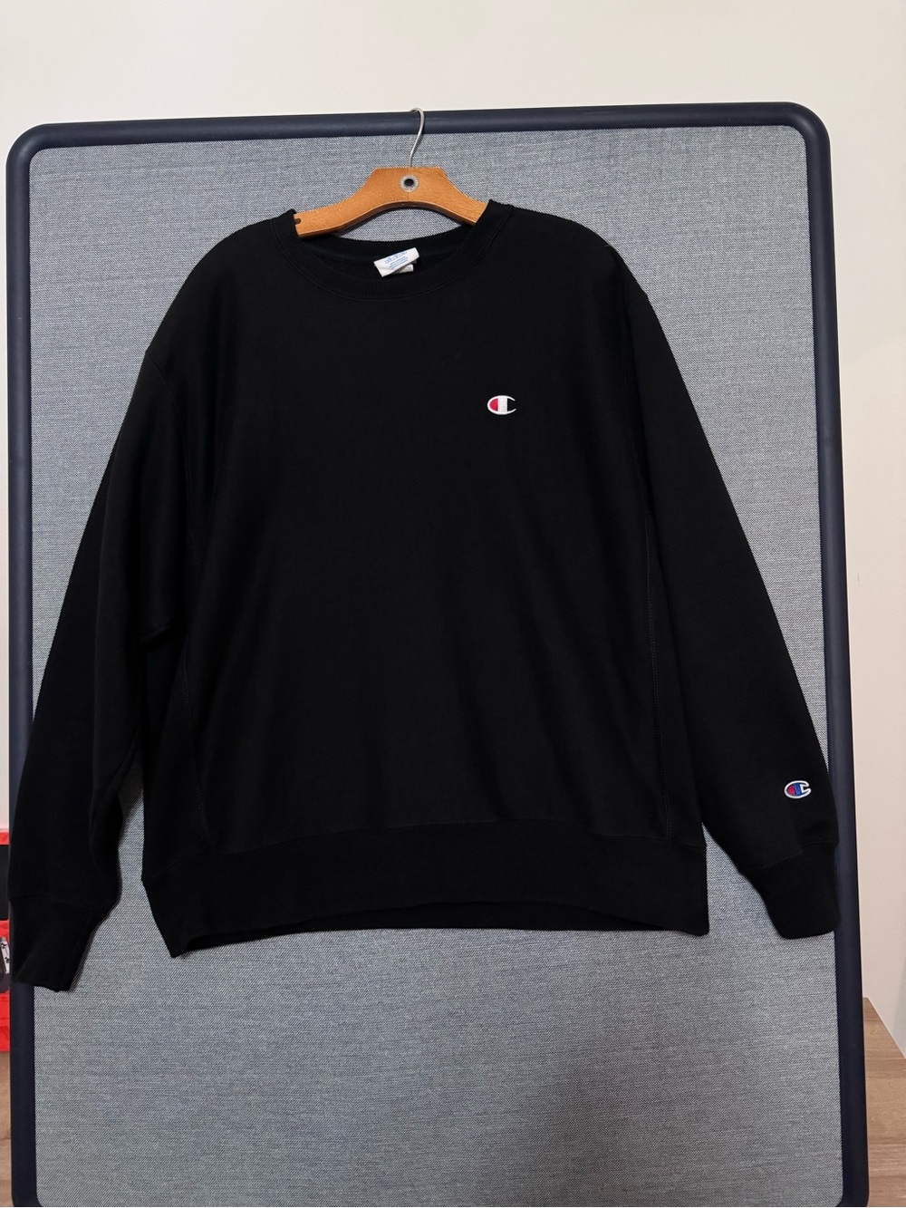 Champion Reverse Weave Black Crewneck Sweatshirt XL Big Logo Back Spell Out